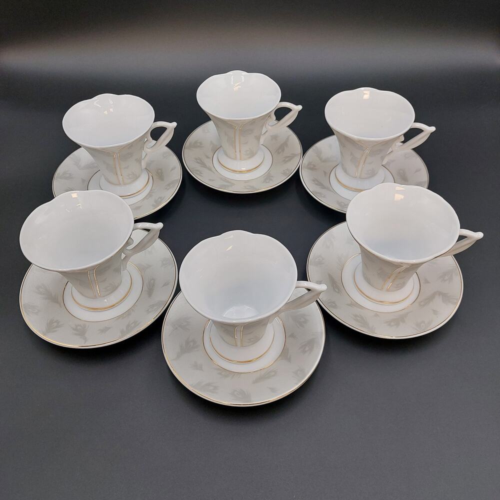 Fine Porcelain Espresso Cups and Saucers with Gold Trim by Yedi Service for 6